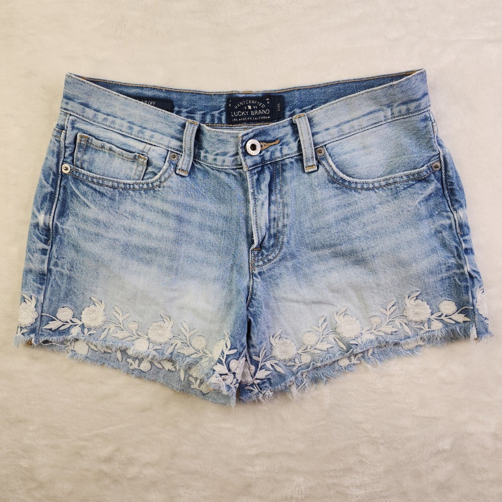 Lucky Brand The Cut Off Floral Embroidered Denim Shorts Sz 2 26 Light Wash Boho